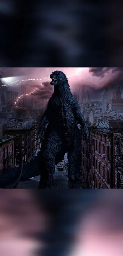 Godzilla stands in city under stormy skies