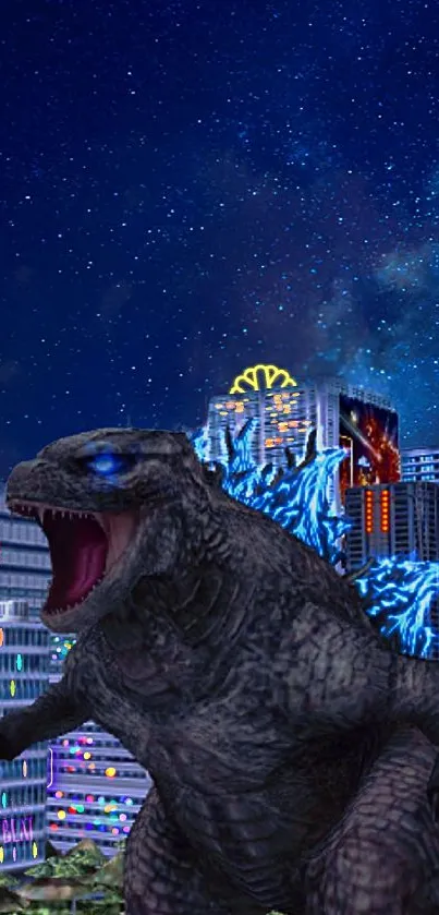 Godzilla in night cityscape, under starry sky, mobile wallpaper.