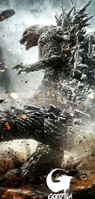 Epic Godzilla in action-packed scene with smoke and debris on a mobile wallpaper.