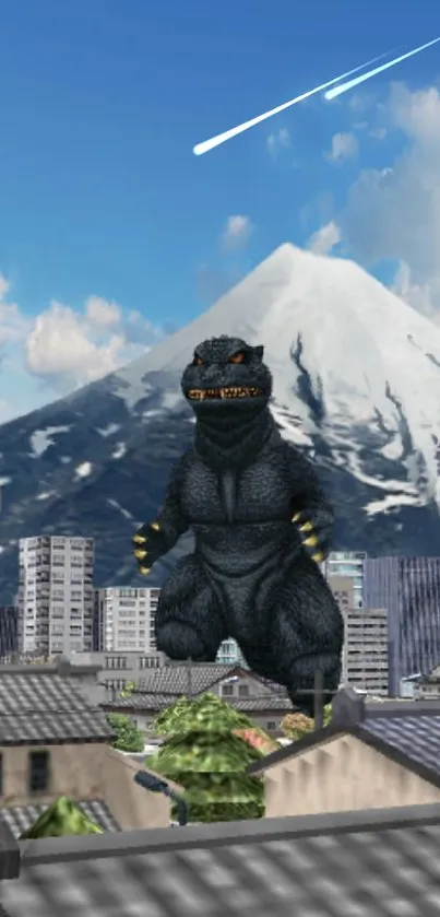 Godzilla stands before mountain cityscape wallpaper.