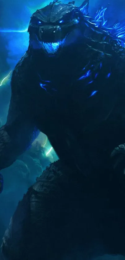 Epic Godzilla with electric blue energy on dark background.