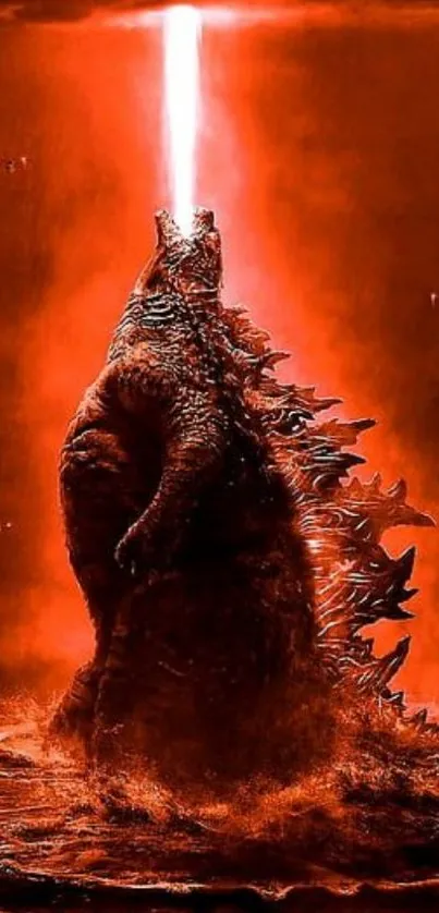 Godzilla unleashing atomic breath in vibrant red scene.