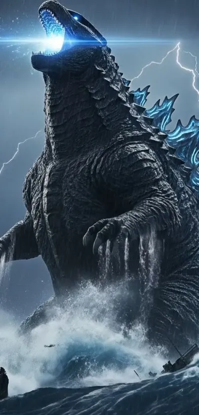 Godzilla roaring in an electrified storm at sea.