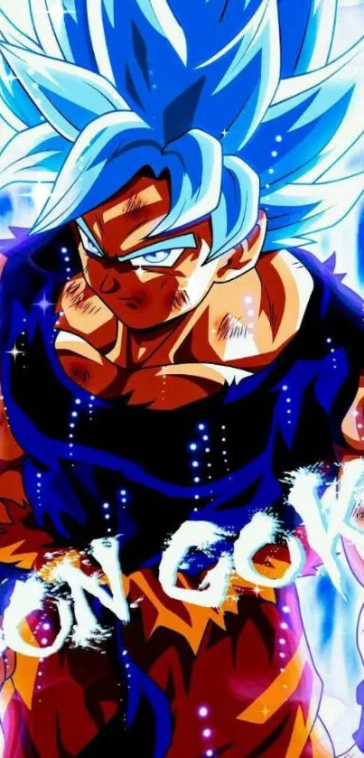 Goku with blue aura and intense gaze, vibrant anime artwork.