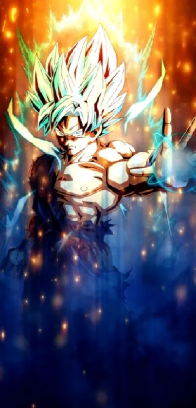 Goku in Super Saiyan form with fiery aura on a mobile wallpaper.