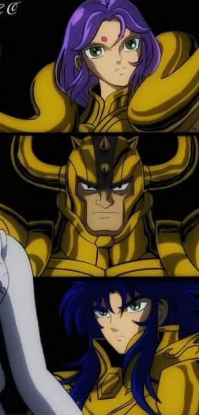 Epic anime scene with golden armored heroes.