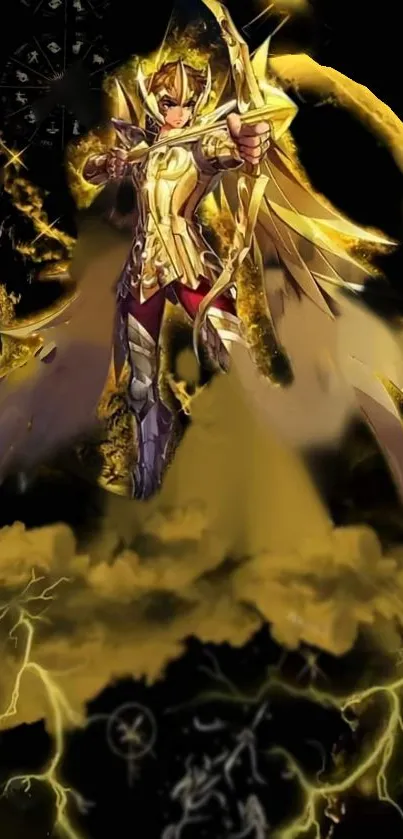 Golden armored warrior with mystical energy on a dark backdrop.