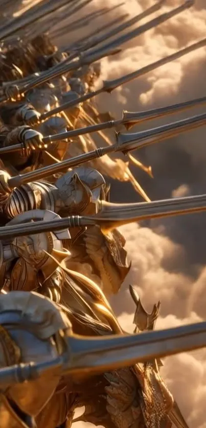 Golden armored knights with swords against a cloudy sky.