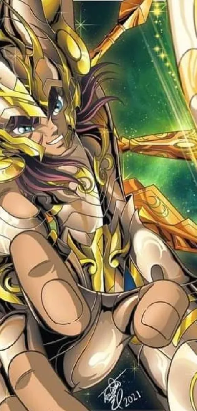 Epic anime warrior in golden armor with vibrant background.