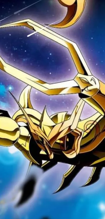 Golden warrior in dynamic pose amid cosmic scenery.