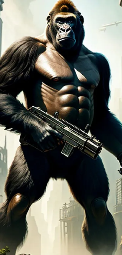 Gorilla warrior armed in an urban jungle on mobile wallpaper.