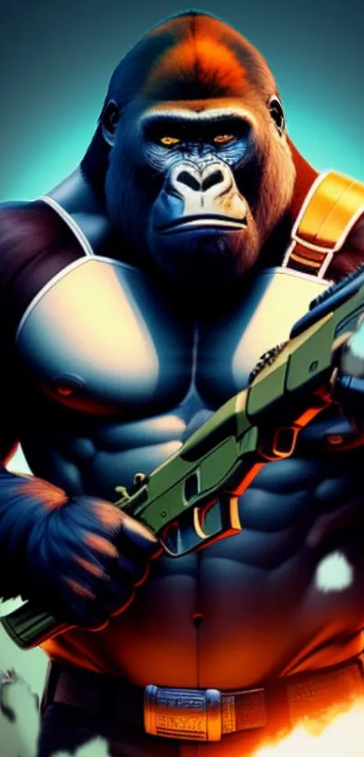 Gorilla warrior holding a weapon with vibrant colors and dynamic design.