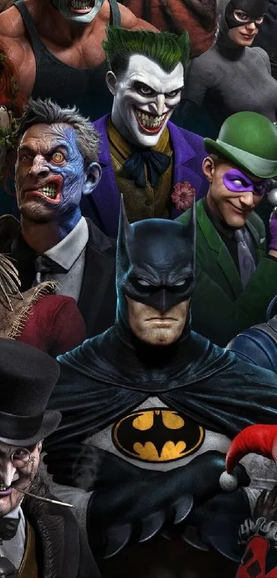 Epic Gotham characters featuring heroes and villains in dynamic artwork.