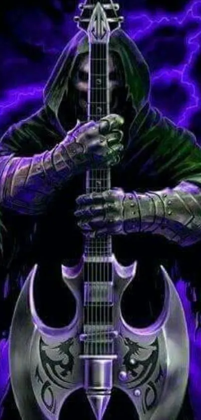 Hooded figure with guitar and purple lightning in dark artistic wallpaper.