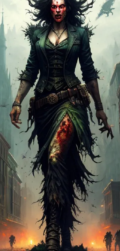 Gothic warrior in a dramatic urban setting with dark, epic theme.