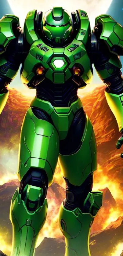 Epic green armor wallpaper with fiery backdrop.