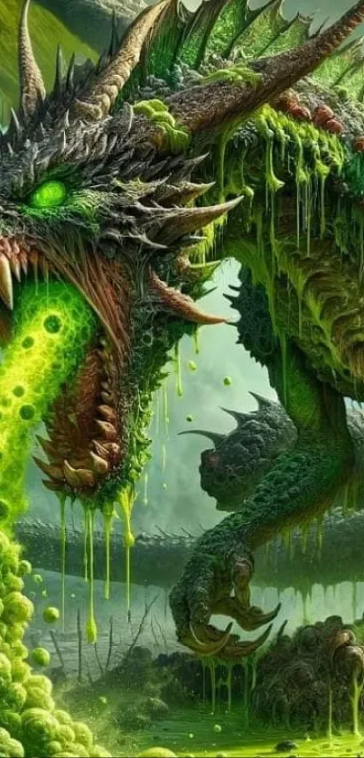 Epic green dragon breathing fire in vivid fantasy artwork.