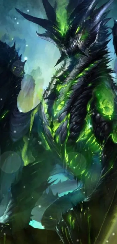 Epic green dragon wallpaper in mystical fantasy art style.