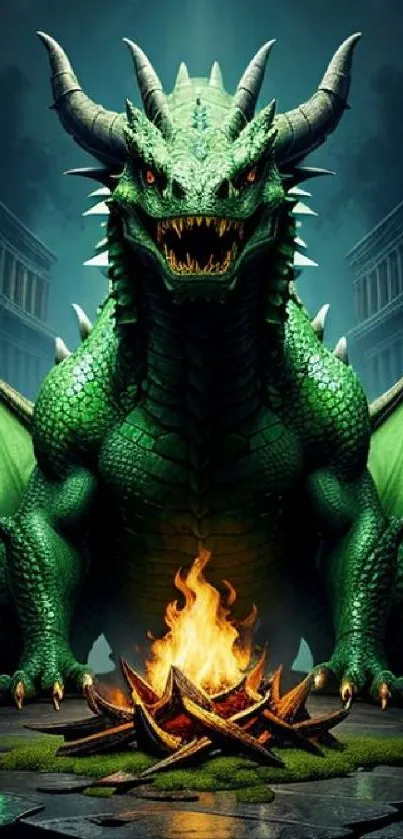 Green dragon standing over a fire.