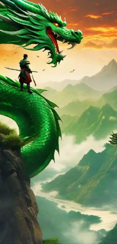 Epic mountain scene with green dragon and warrior.