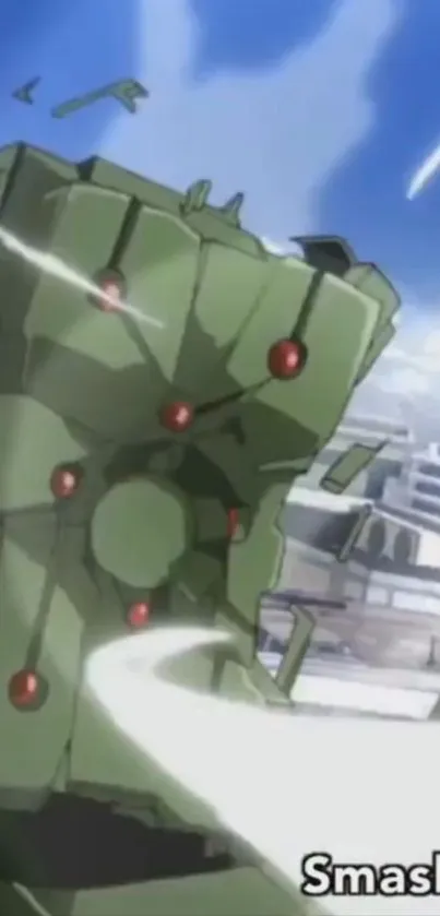 Green robot in an action-packed battle scene with anime art style.