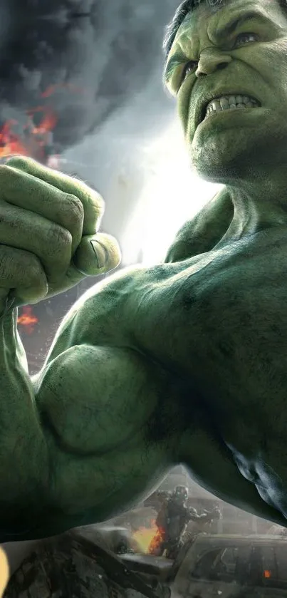 Epic green superhero in action on phone wallpaper.