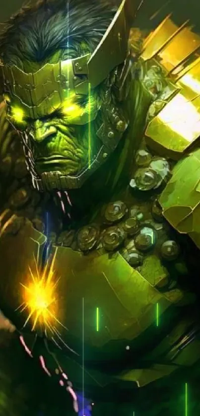 Powerful green warrior with glowing armor on mobile wallpaper