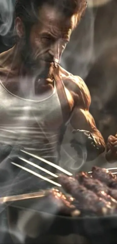 Grilling scene with smoke, featuring muscular man and child.