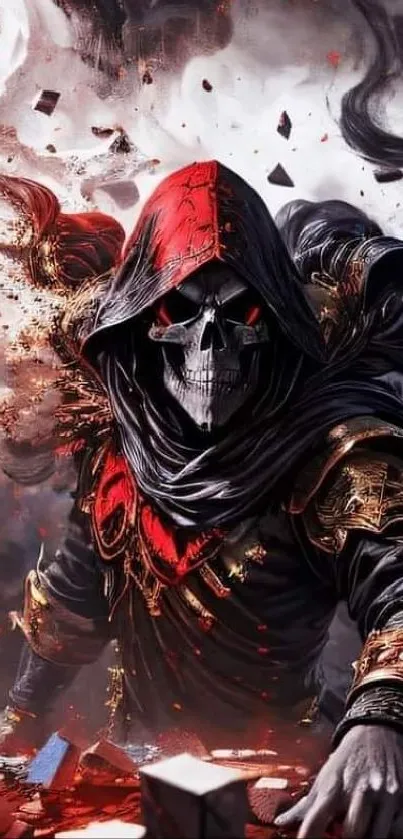 Dark artistic Grim Reaper with red accents.