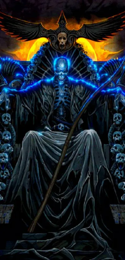 Gothic artwork of Grim Reaper on fiery throne, surrounded by skulls.