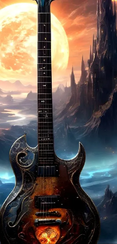 Epic fantasy guitar with a celestial background in stunning digital art.