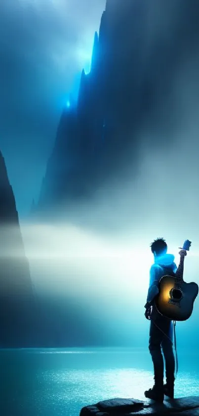 Person with guitar facing epic mountain in serene, teal-lit landscape.