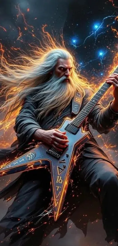 Epic guitar player surrounded by lightning.