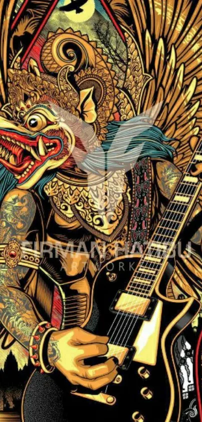 Mythical creature playing guitar, vibrant wallpaper.