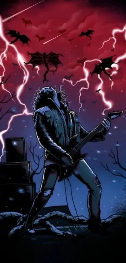 Rock guitarist under a red sky with lightning and dark silhouettes.