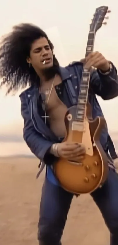 Guitarist playing in desert with chapel in background.