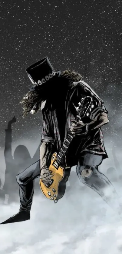 Illustrated guitarist playing on stage with fog background.