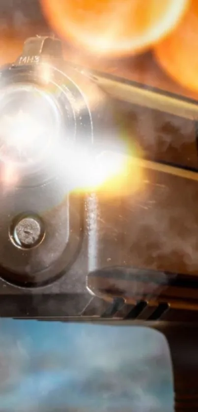 Close-up of a gun barrel with smoke and fiery lighting effects.