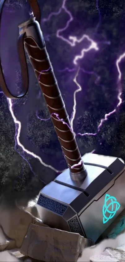 Epic wallpaper of a mythical hammer surrounded by lightning.