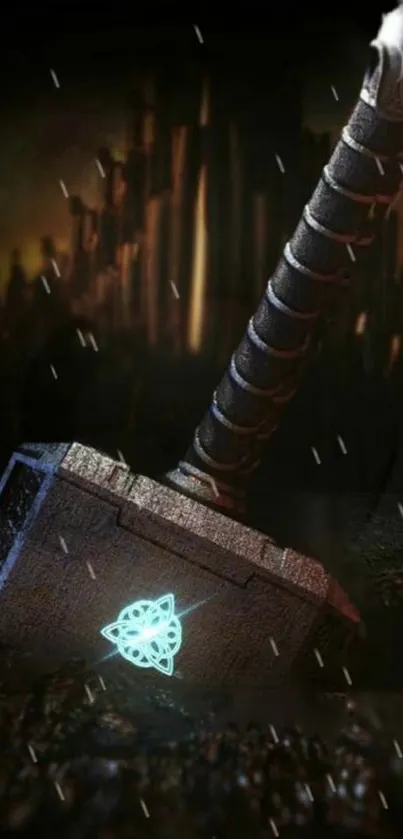 Dark scene featuring a glowing hammer in a mystical, fantasy landscape.