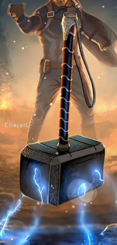 Epic mobile wallpaper with a mythical hammer amidst lightning.