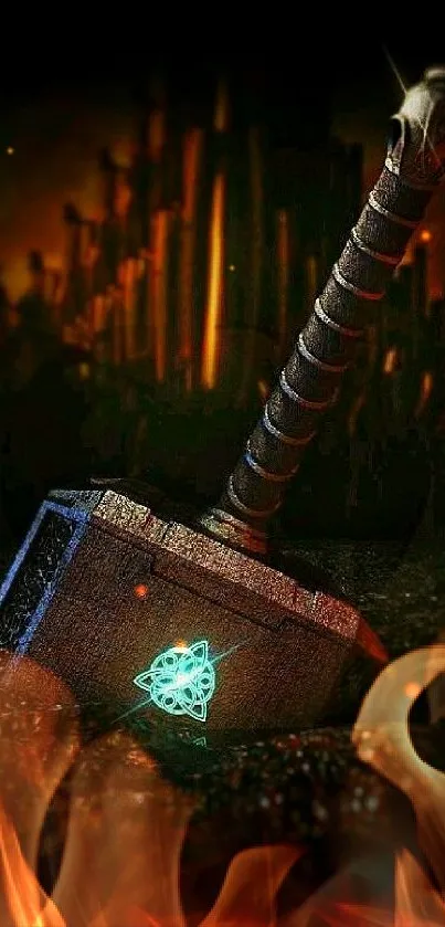 Epic hammer with runes in dark background.