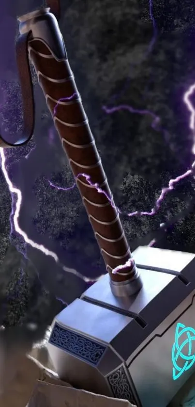 Dynamic hammer with electric purple lightning and mystical design wallpaper.