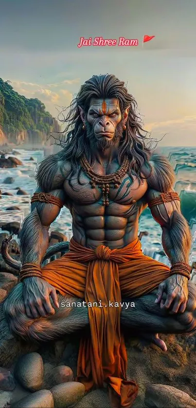 Divine warrior sits peacefully by the ocean, surrounded by nature.