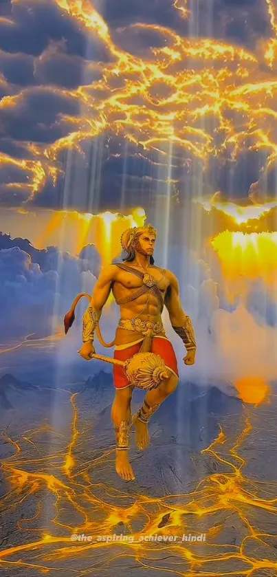 Epic depiction of Lord Hanuman amidst golden clouds with vibrant light.