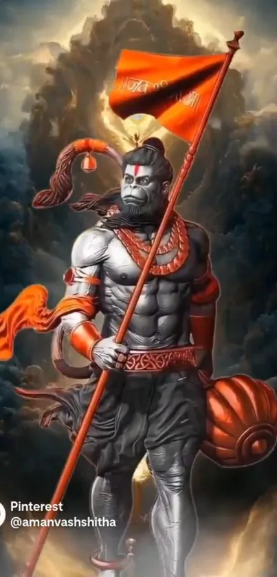 Illustration of Hanuman with mountain backdrop.