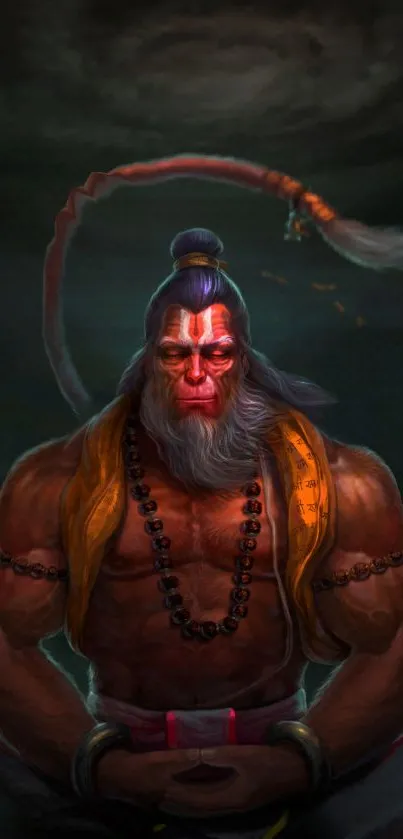 Epic mobile wallpaper of Hanuman meditating with a dark, mystical background.