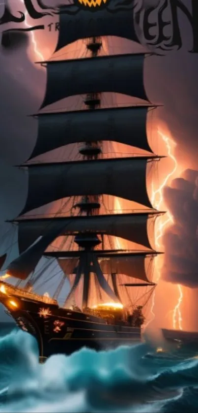 Ship sailing in storm with lightning and glowing lights, creating a spooky atmosphere.