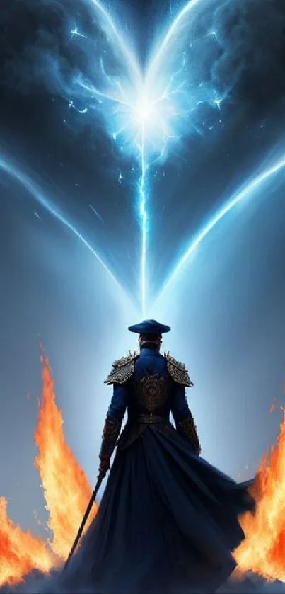 Warrior facing fiery heart flames under dark blue sky.