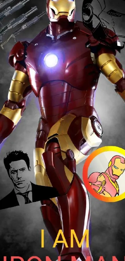 Iron Man in iconic red armor with comic book elements.